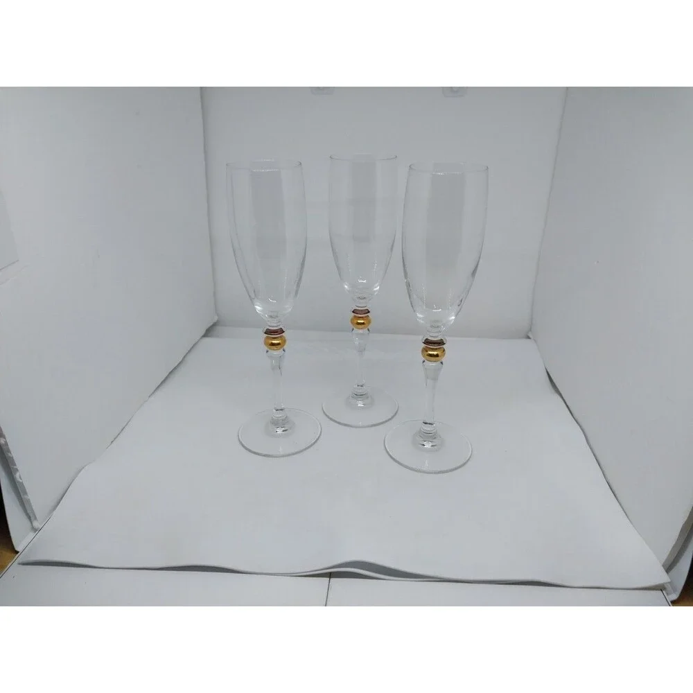 3 Champagne Flutes Cortina Gold Wafer in Stem by Cristal D'Arques-Durand